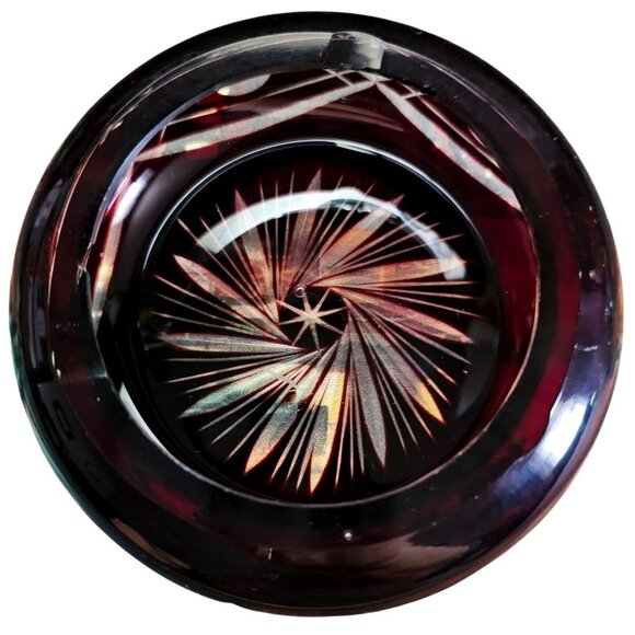 Cut Crystal Ruby Red Glass Bowl With Starburst Pattern Ashtray - Picture 4 of 4